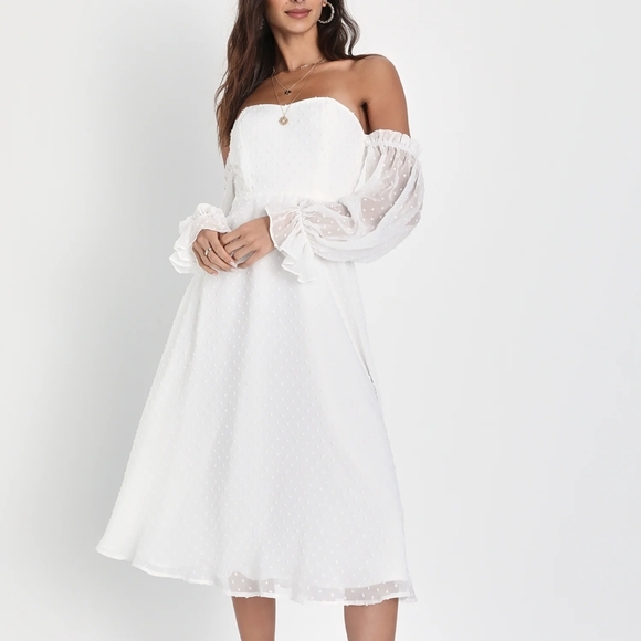 Lulus Lovely Angel White Swiss Dot Off-the-Shoulder Midi Dress - Picture 1 of 5
